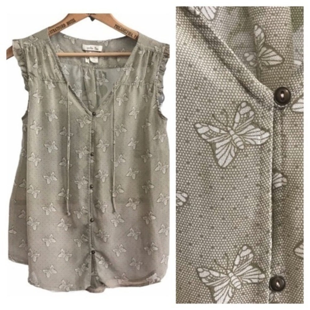 Matilda Jane Tan White Butterfly Print Semi Sheer Sleeveless Blouse
